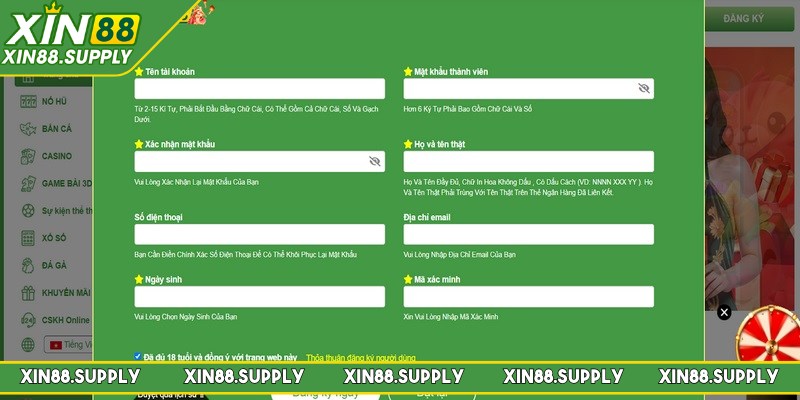 Cung cấp đầy đủ thông tin vào biểu mẫu đăng ký XIN88